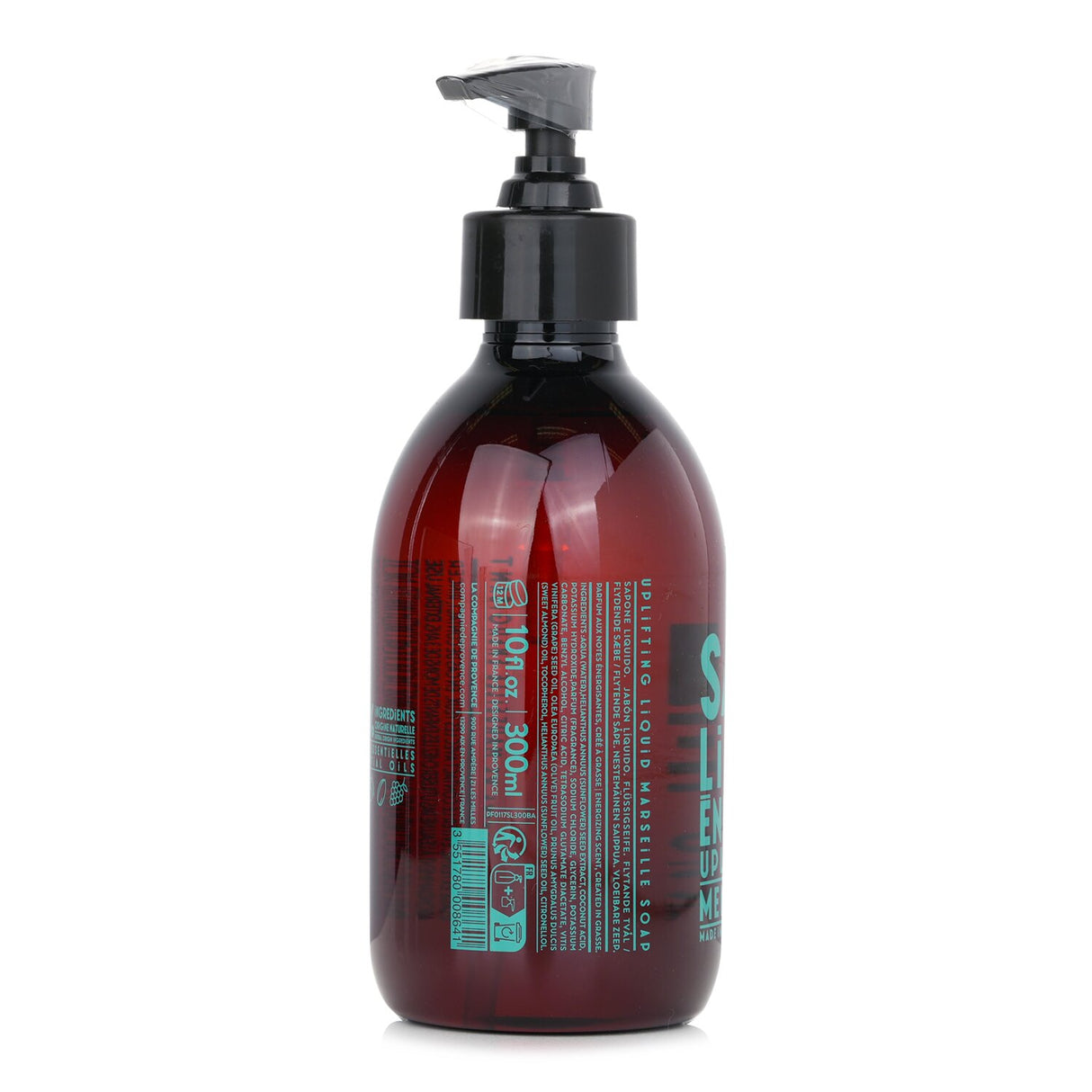Vegan liquid Marseille soap with mint and basil scents, 300ml, gently cleanses and moisturizes hands and body.