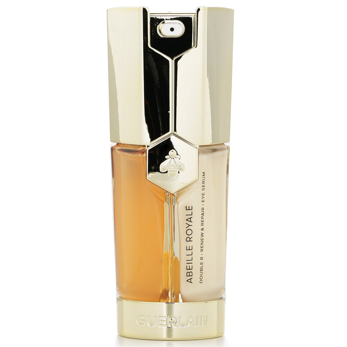 Guerlain Abeille Royale Double R Eye Serum in a sleek glass bottle, rejuvenating eye care with anti-aging and repair benefits.