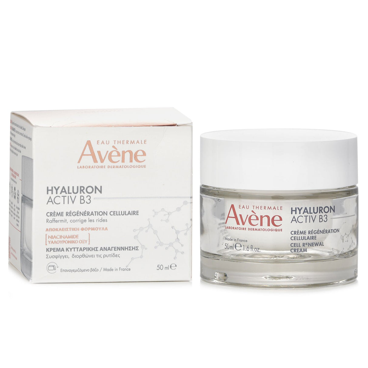 Avene Hyaluron Activ B3 Cell Renewal Cream in a refillable glass jar, promoting hydration and skin renewal for sensitive skin.