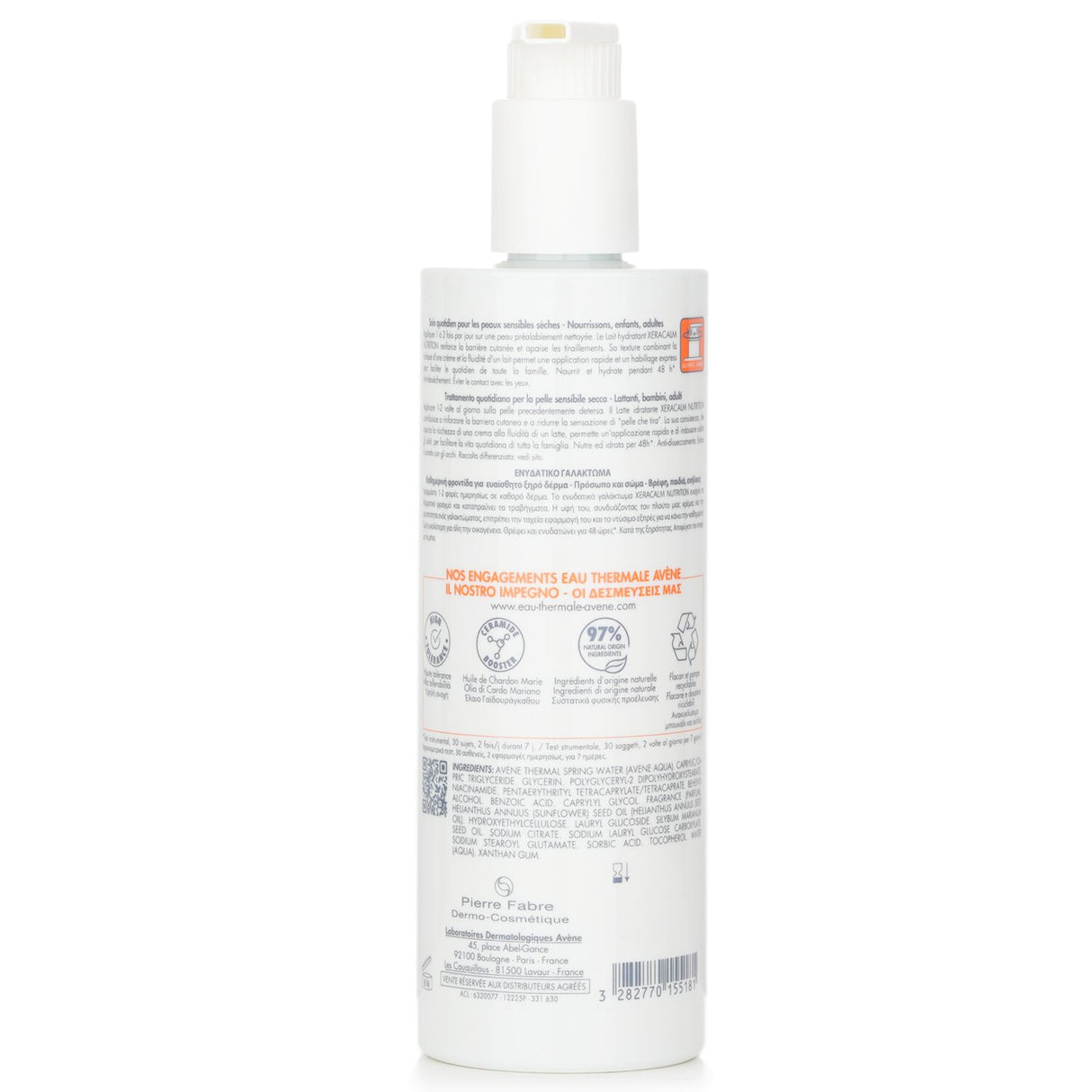 Avene XeraCalm Nutrition Lotion 400ml, a nourishing moisturizer for sensitive skin, featuring 97% natural ingredients and fast absorption.