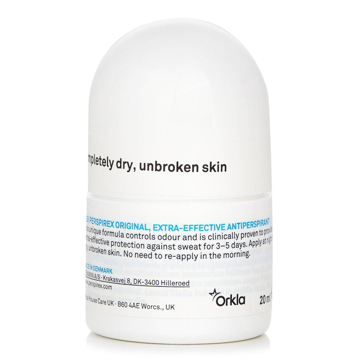 Perspirex Original antiperspirant roll-on, 20ml, offers 3-5 days of sweat protection with skin-friendly, perfume-free formula.