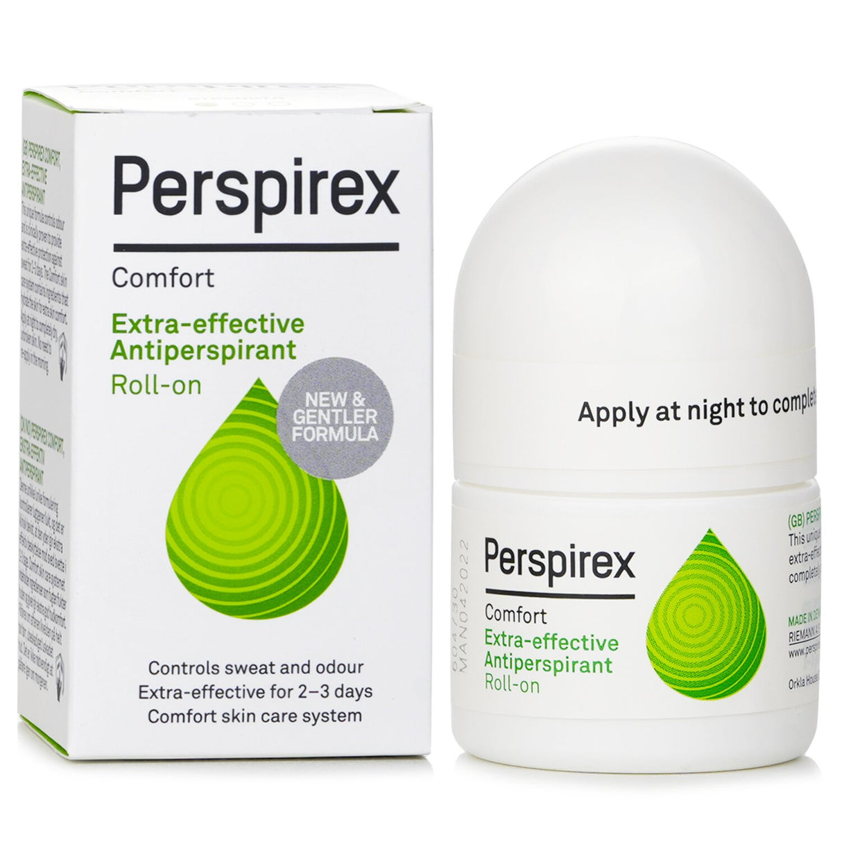 Perspirex Extra Effective Antiperspirant Roll-On Comfort, 20ml, water-based, perfume-free, long-lasting sweat protection.