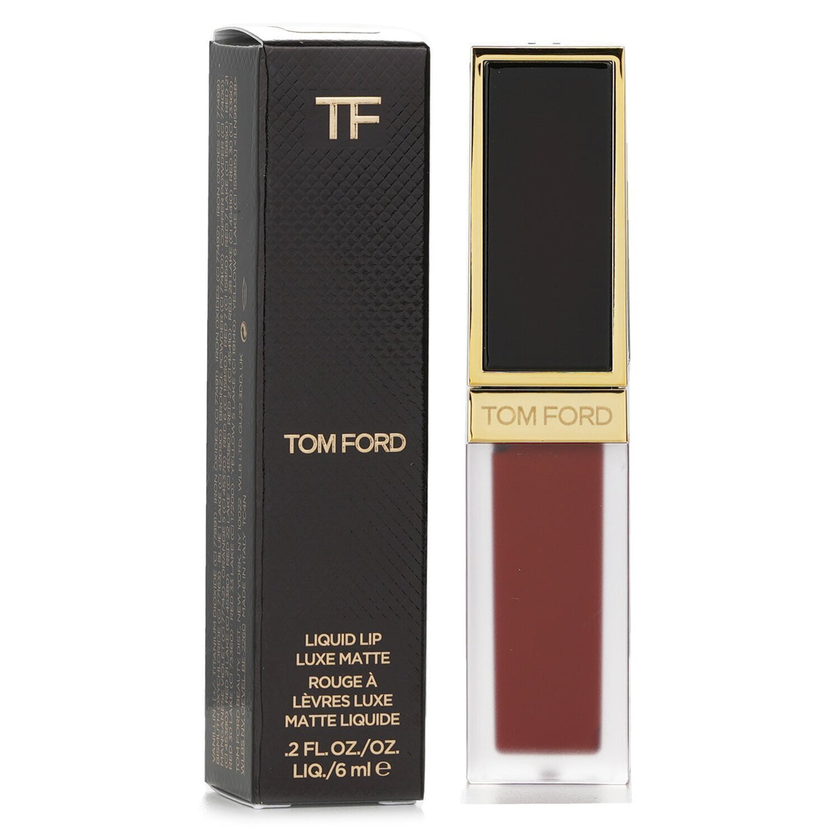 Tom Ford Liquid Lip Luxe Matte #123 Devoted in 6ml, features a soft matte finish, hydrating black rose extract, and vibrant color.