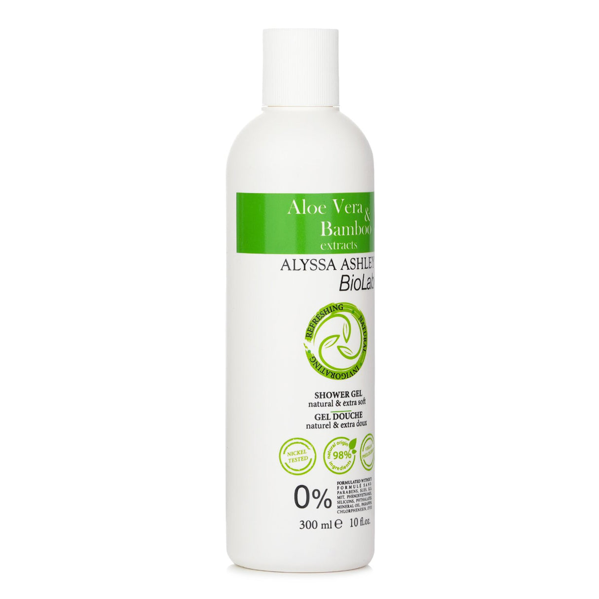 Alyssa Ashley Aloe Vera & Bamboo Shower Gel in a 300ml bottle, made with 98% natural ingredients for gentle, skin-rejuvenating cleansing.