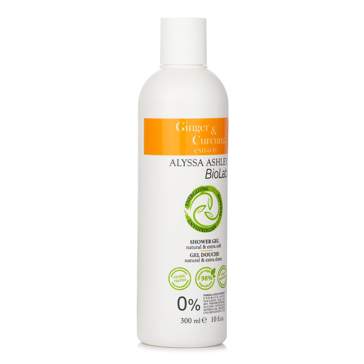 Alyssa Ashley Biolab Ginger & Curcuma Shower Gel in 300ml, enriched with natural antioxidants for a nourishing cleanse.