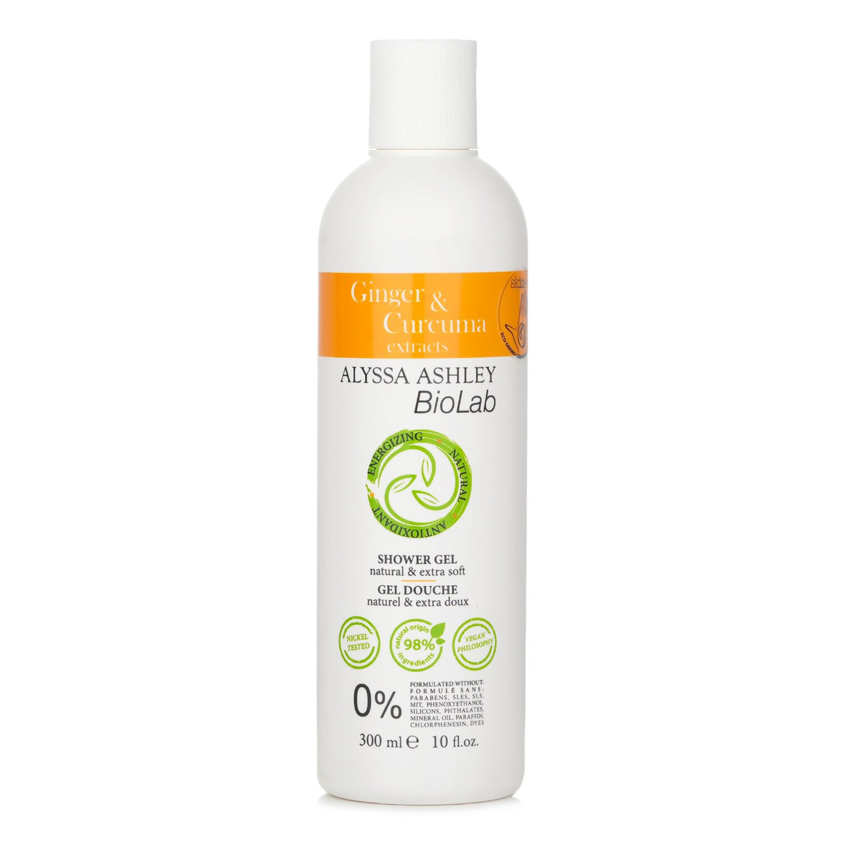 Alyssa Ashley Biolab Ginger & Curcuma Shower Gel in a 300ml bottle, formulated for sensitive skin with natural ingredients and antioxidants.