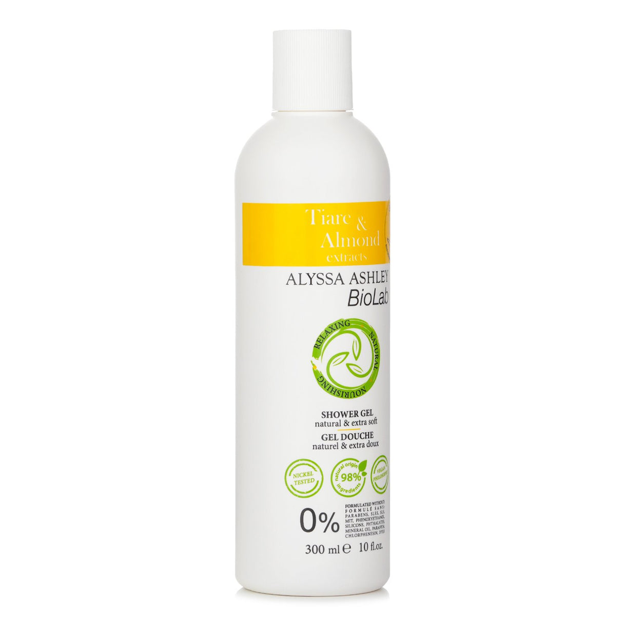 Alyssa Ashley Biolab Tiar� & Almond Shower Gel in a 300ml bottle, featuring natural ingredients and soothing almond milk for refreshing skin.