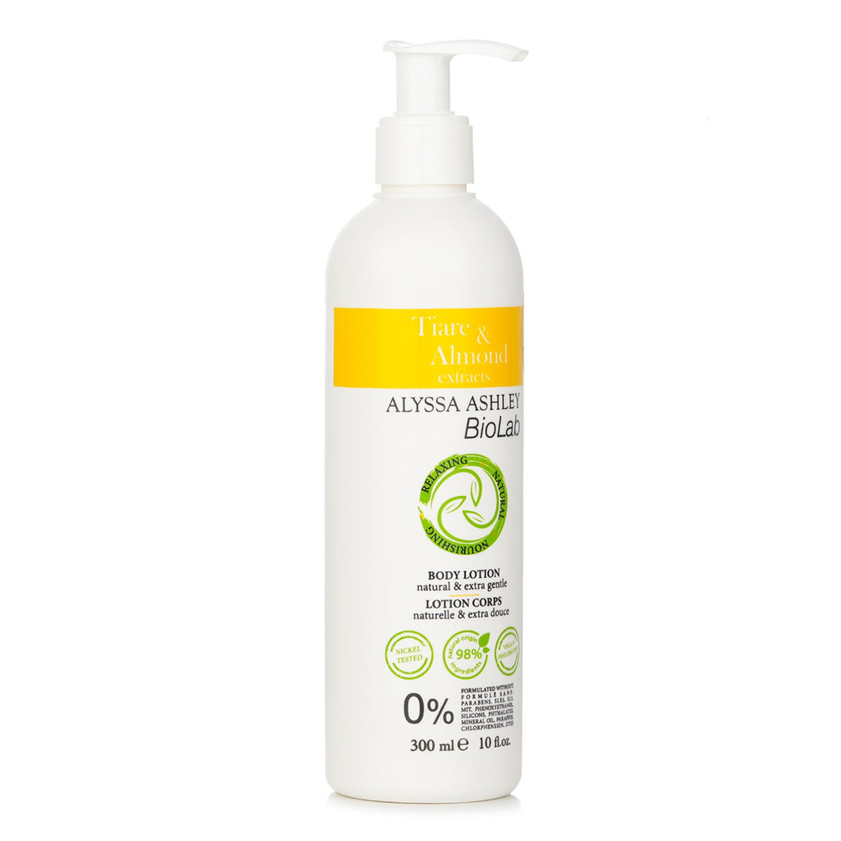 Luxurious Alyssa Ashley Biolab Tiaré & Almond Body Lotion with 98% natural ingredients for sensitive skin hydration.