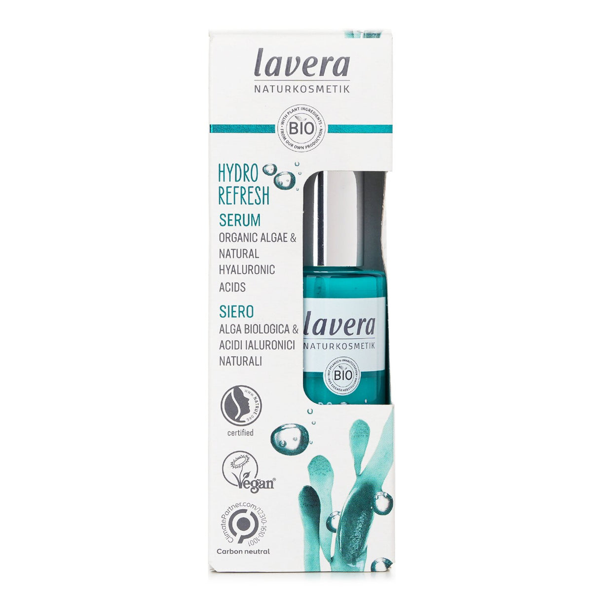 Hydrating Lavera Hydro Refresh Serum in a 30ml bottle, enriched with organic algae and Hyaluronic Acid for radiant skin.