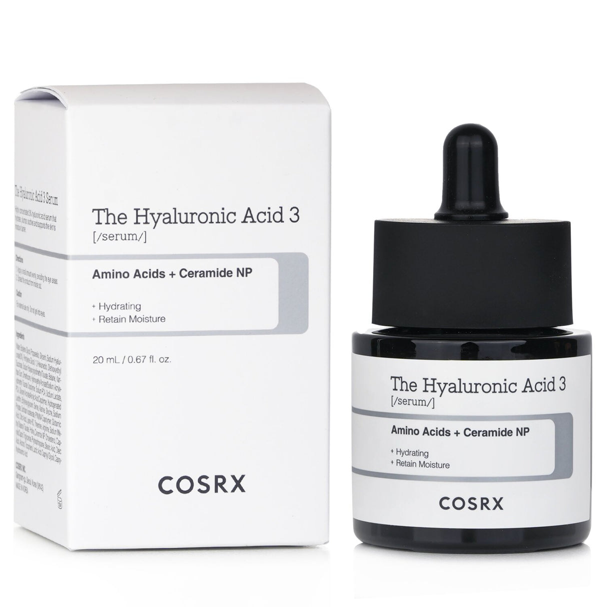 Hydrating COSRX Hyaluronic Acid 3 Serum in a 20g bottle for dry skin, enhances moisture balance and protects against dryness.