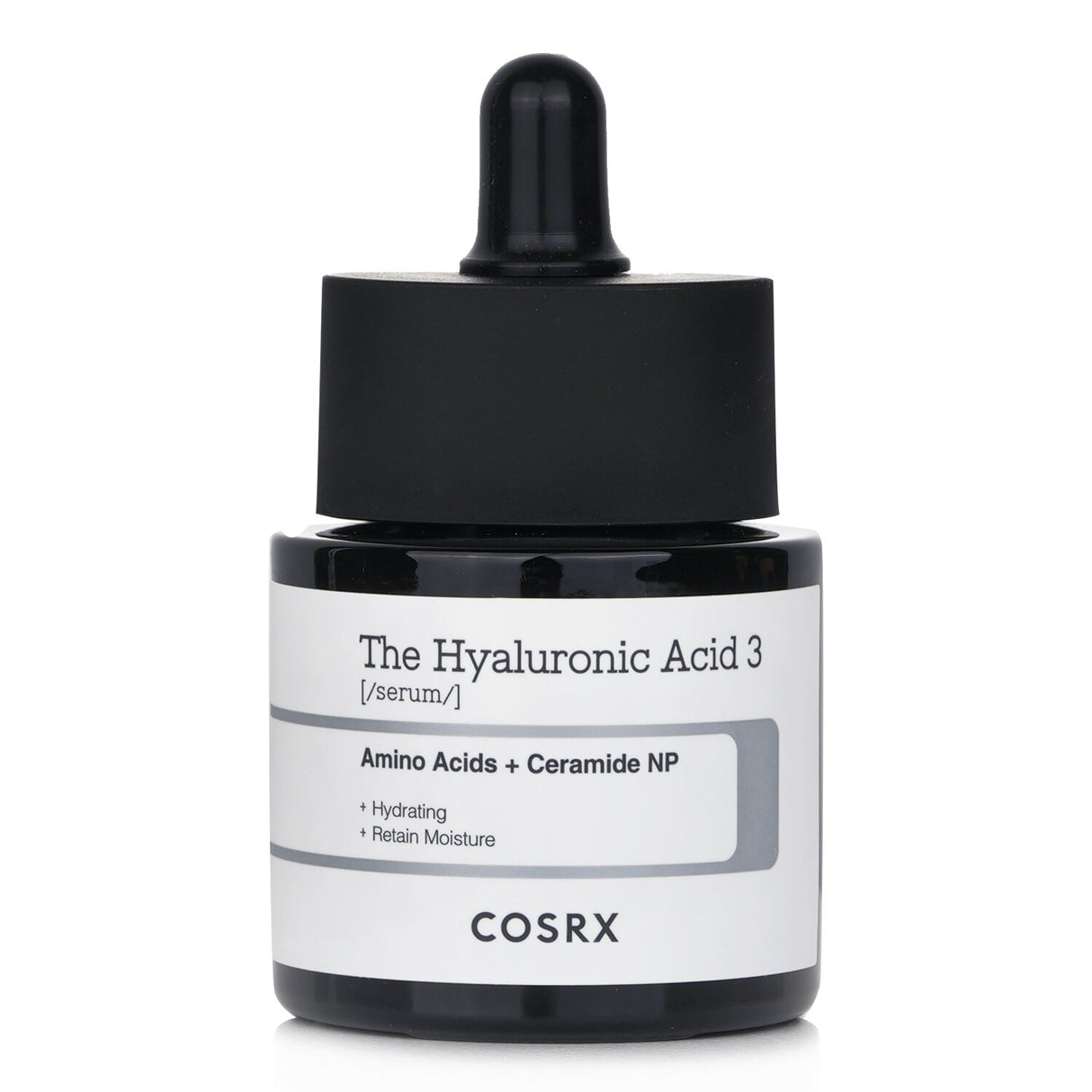 Lightweight COSRX Hyaluronic Acid 3 Serum in 20g, hydrates dry skin, improves barrier function, and boosts a dewy glow.
