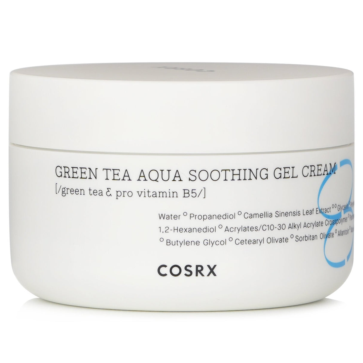 COSRX Hydrium Green Tea Aqua Soothing Gel Cream in a 50ml jar, a lightweight, hypoallergenic moisturizer for sensitive skin.