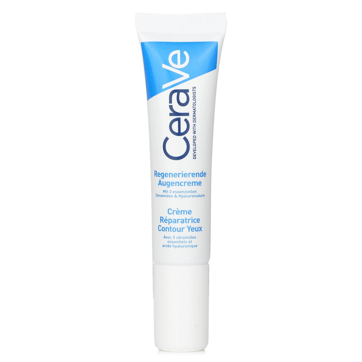 Moisturizing CeraVe Eye Repair Cream in a 14ml tube, targets dark circles and puffiness with ceramides and hyaluronic acid.