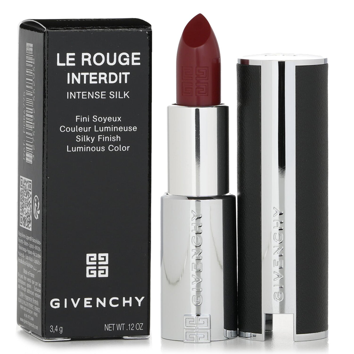 Givenchy Le Rouge Interdit Intense Silk Lipstick #N334 in a sleek leather case, offering vibrant color and luxurious hydration.
