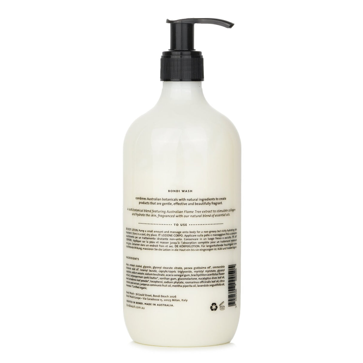 Bottle of BONDI WASH Body Lotion with Sydney Peppermint & Rosemary, 500ml, featuring nourishing botanicals for soft, hydrated skin.