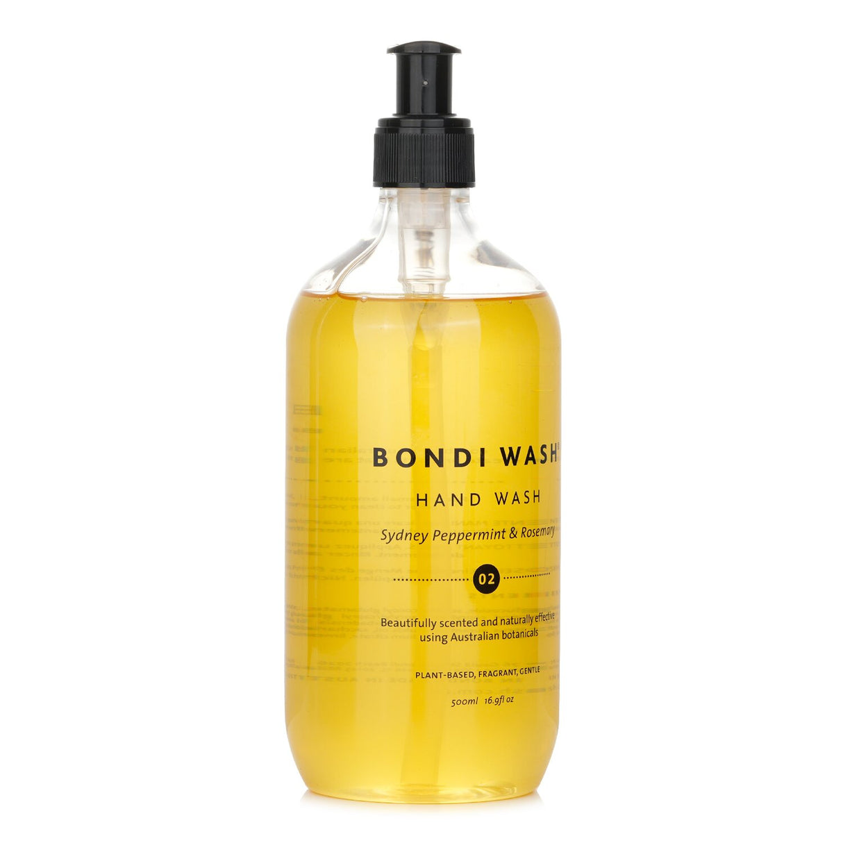A 500ml bottle of BONDI WASH Hand Wash featuring Sydney Peppermint & Rosemary, enriched with natural moisturisers for soft, clean hands.