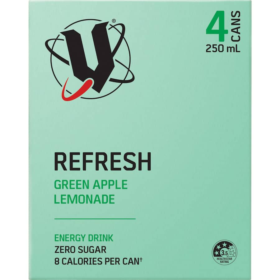 V Sugar Free Energy Drink Refresh Green Apple Lemonade 250ml cans 4x250mL