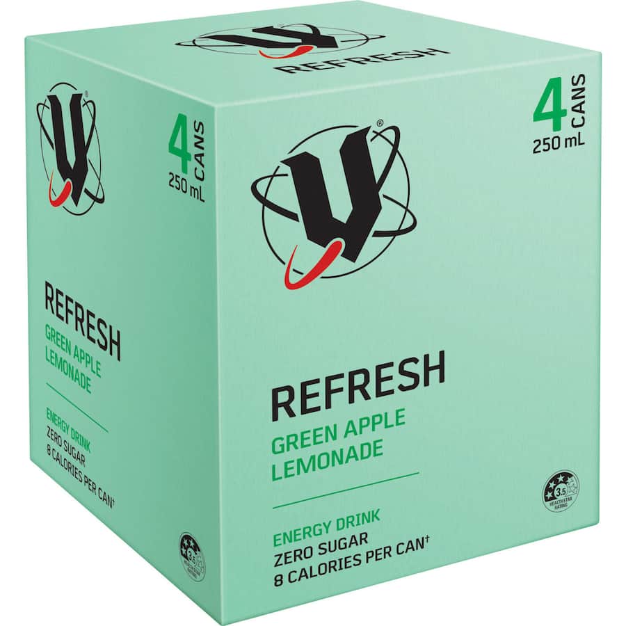 V Sugar Free Energy Drink Refresh Green Apple Lemonade 250ml cans 4x250mL