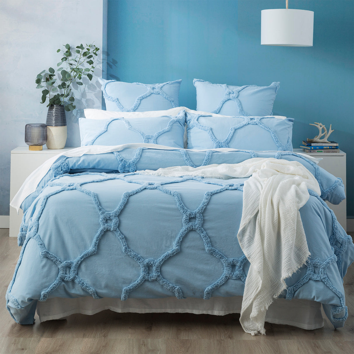 Moroccan 100% Cotton Vintage washed Tufted Quilt / Duvet cover set Queen Sky