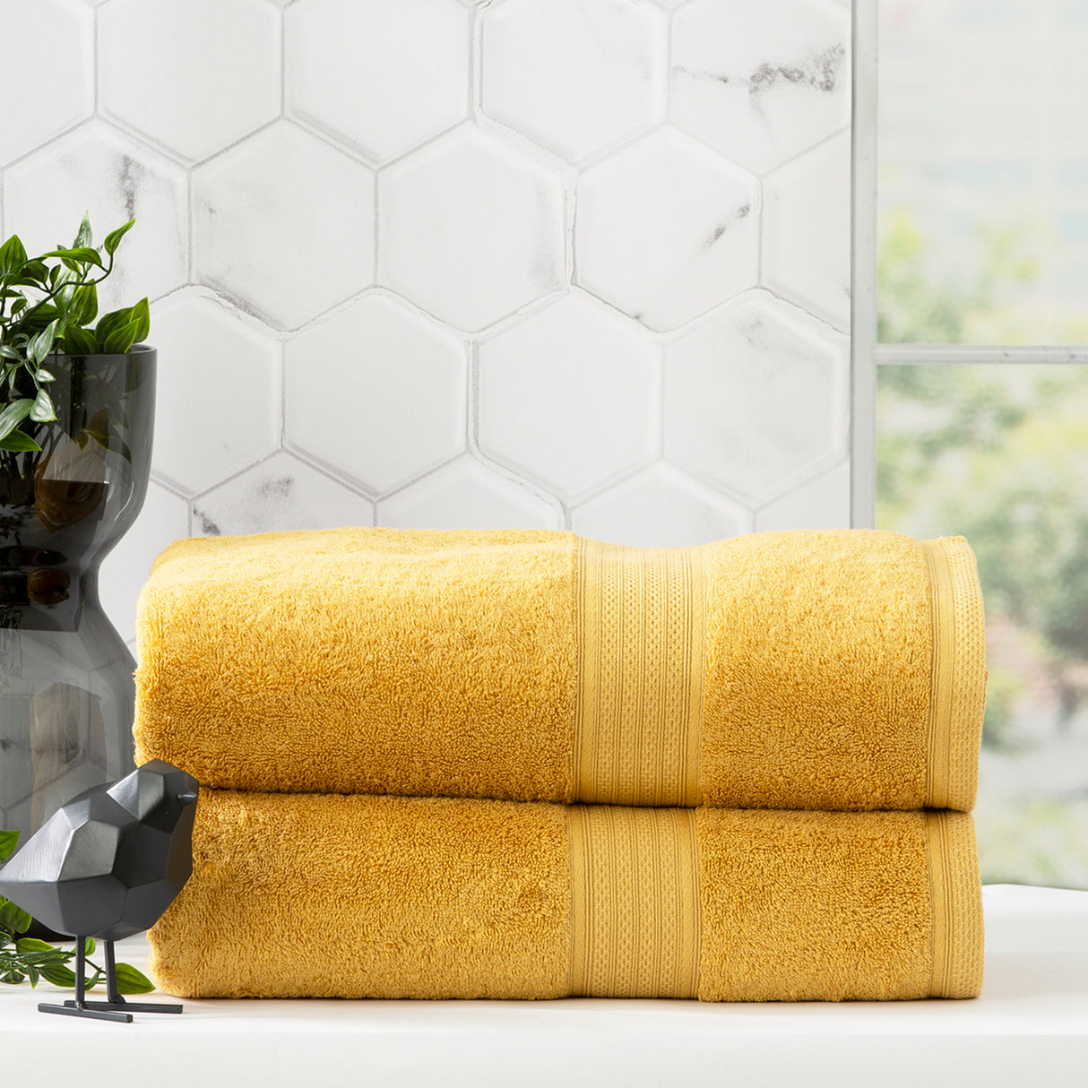 Renee Taylor Stella 650 GSM Super Soft Bamboo Cotton 2 Pack Bath Sheet Mustard