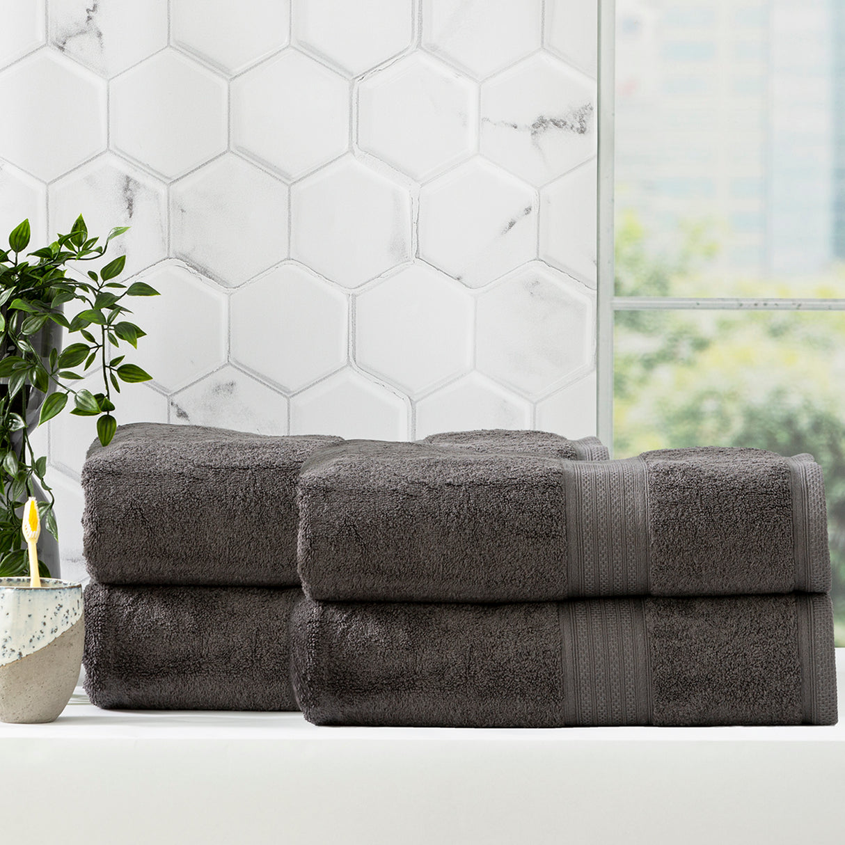Renee Taylor Stella 650 GSM Super Soft Bamboo Cotton 4 Pack Bath Sheet Charcoal