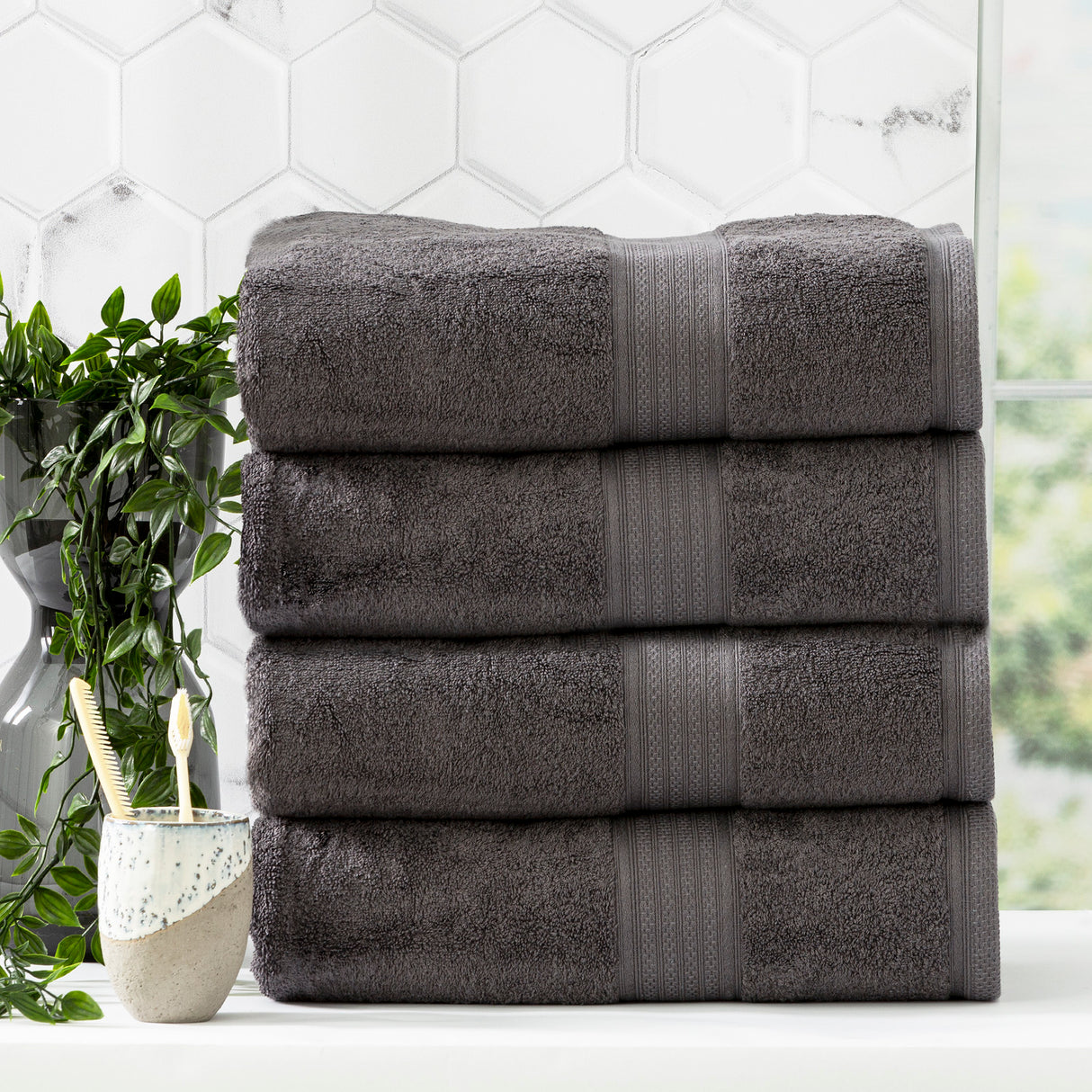 Renee Taylor Stella 650 GSM Super Soft Bamboo Cotton 4 Piece Bath Towel Charcoal