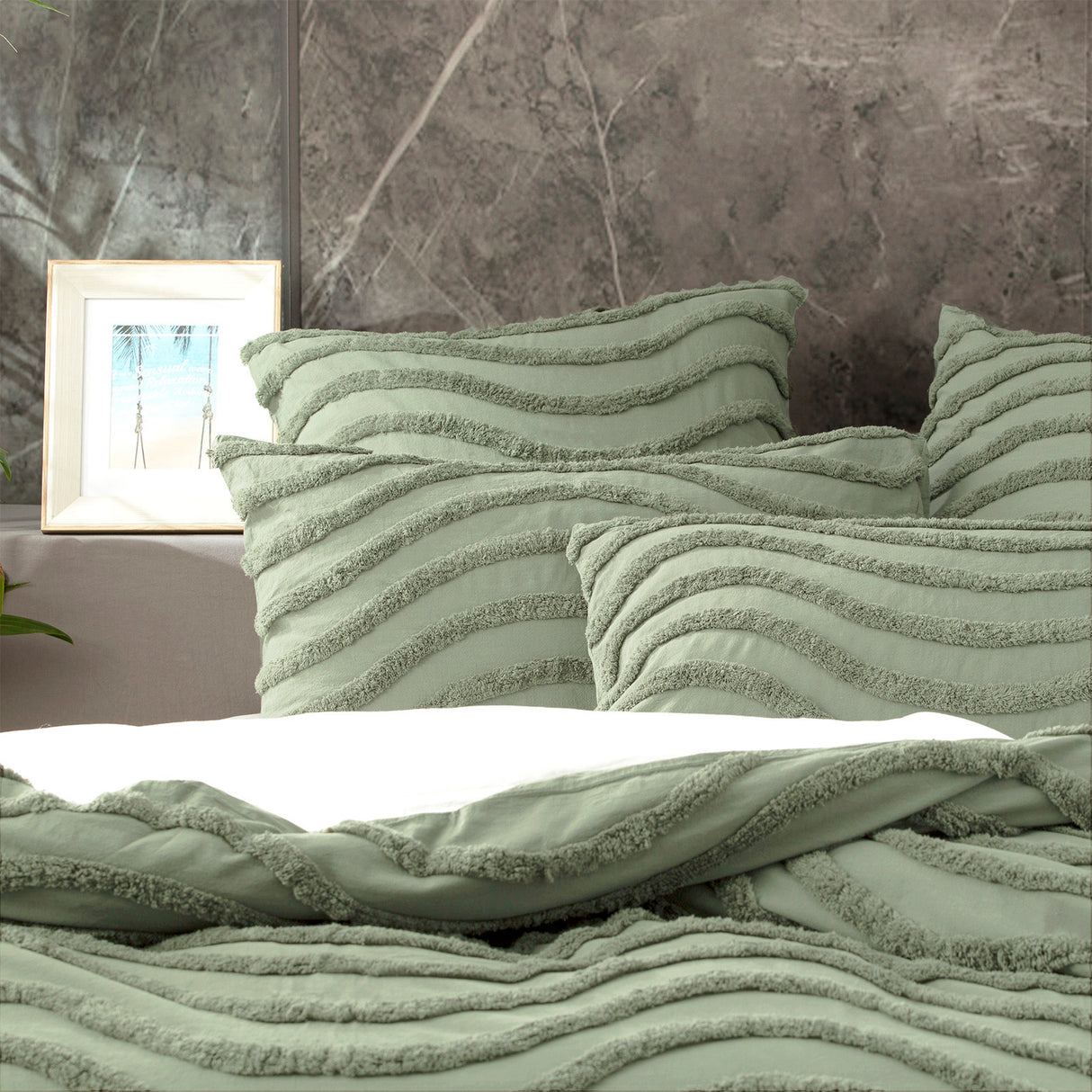 Wave 100% Cotton Vintage washed tufted Quilt / Duvet cover Set Double Sage