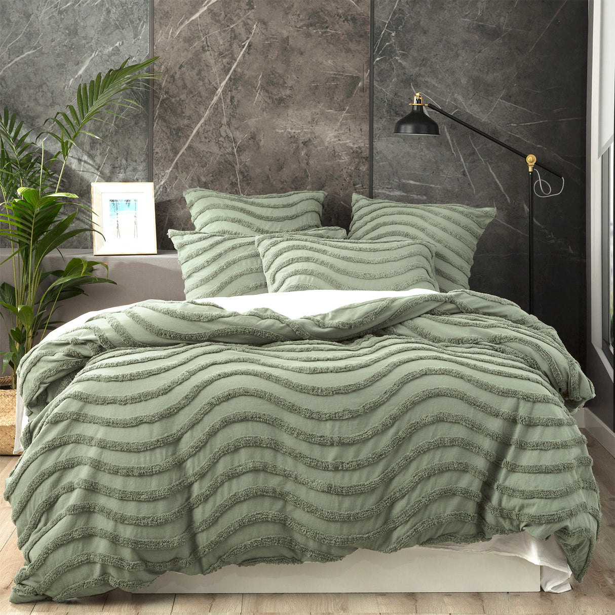 Wave 100% Cotton Vintage washed tufted Quilt / Duvet cover Set Queen Sage