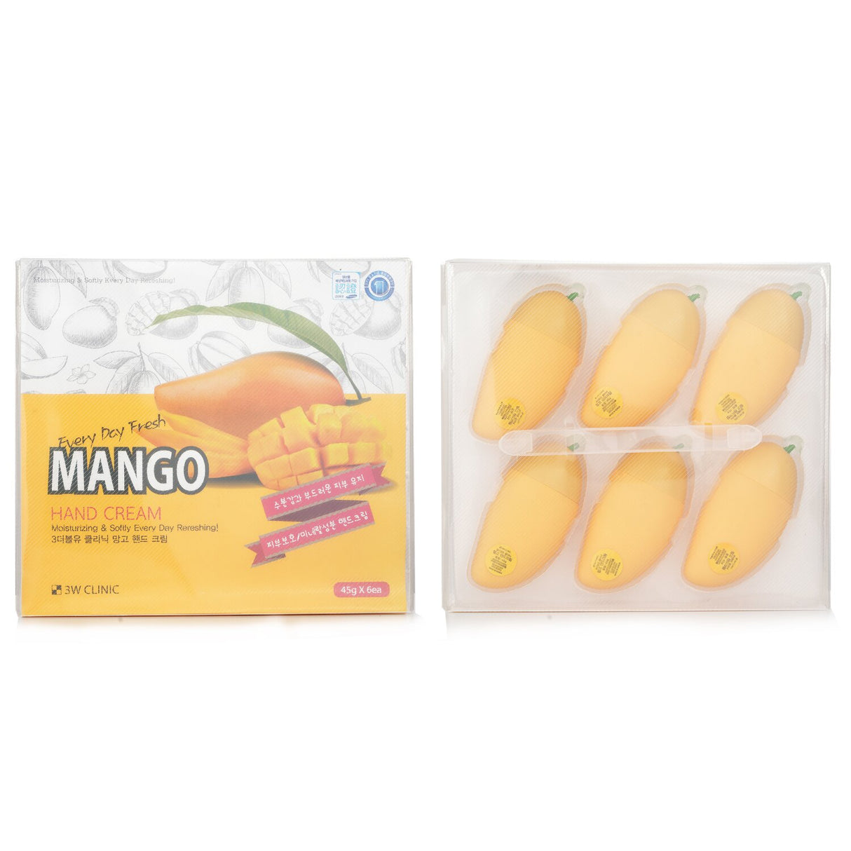 Mango-shaped hand cream pack with moisturizing mango extract for smooth, nourished hands; non-sticky and absorbs quickly.
