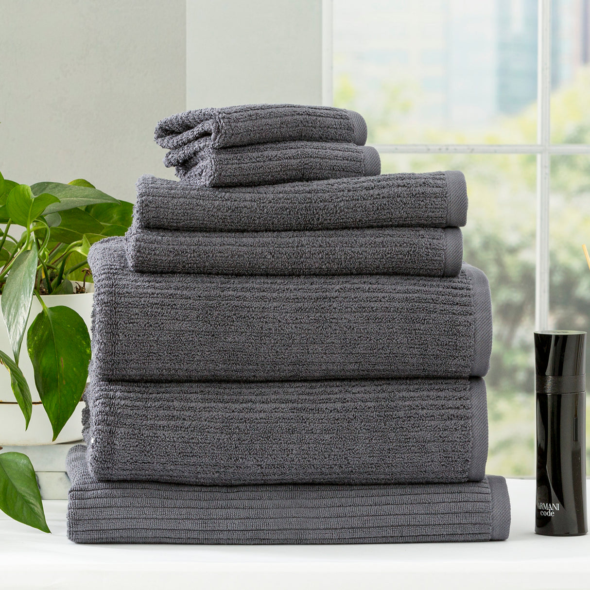 Renee Taylor Cobblestone 650 GSM Cotton Ribbed Towel Packs 7 Piece Platinum