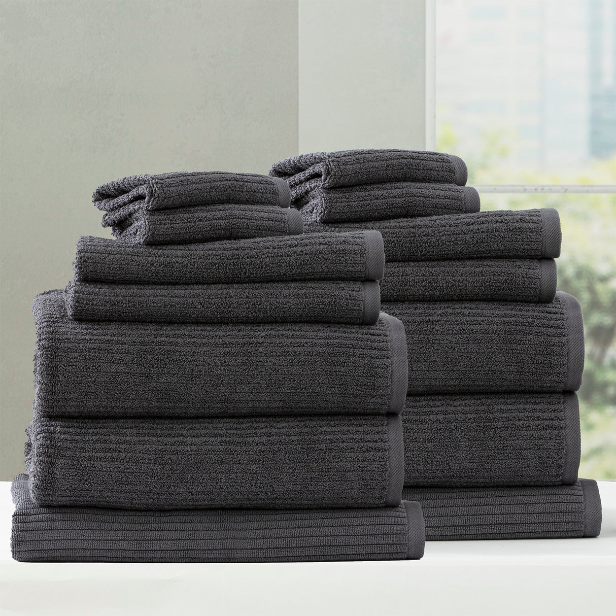 Renee Taylor Cobblestone 650 GSM Cotton Ribbed Towel Packs 14 Piece Platinum