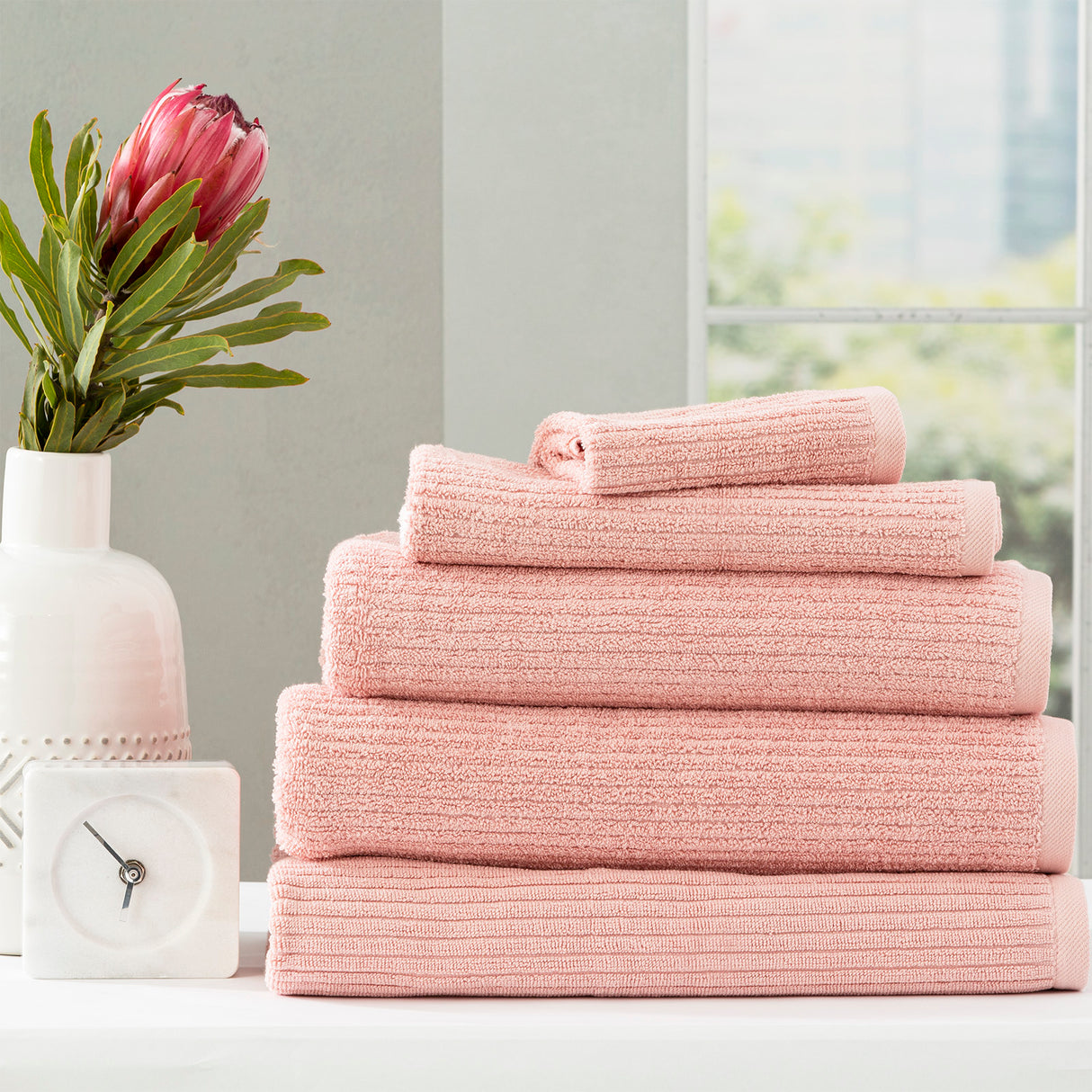 Renee Taylor Cobblestone 650 GSM Cotton Ribbed Towel Packs 5 Piece Blush