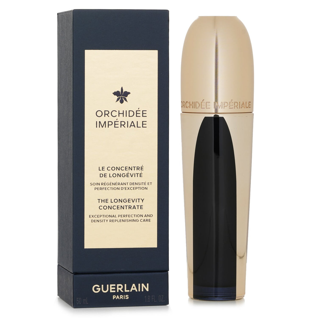Guerlain Orchidee Imperiale serum in airless packaging, enhances skin volume, contours, and texture for a youthful glow.