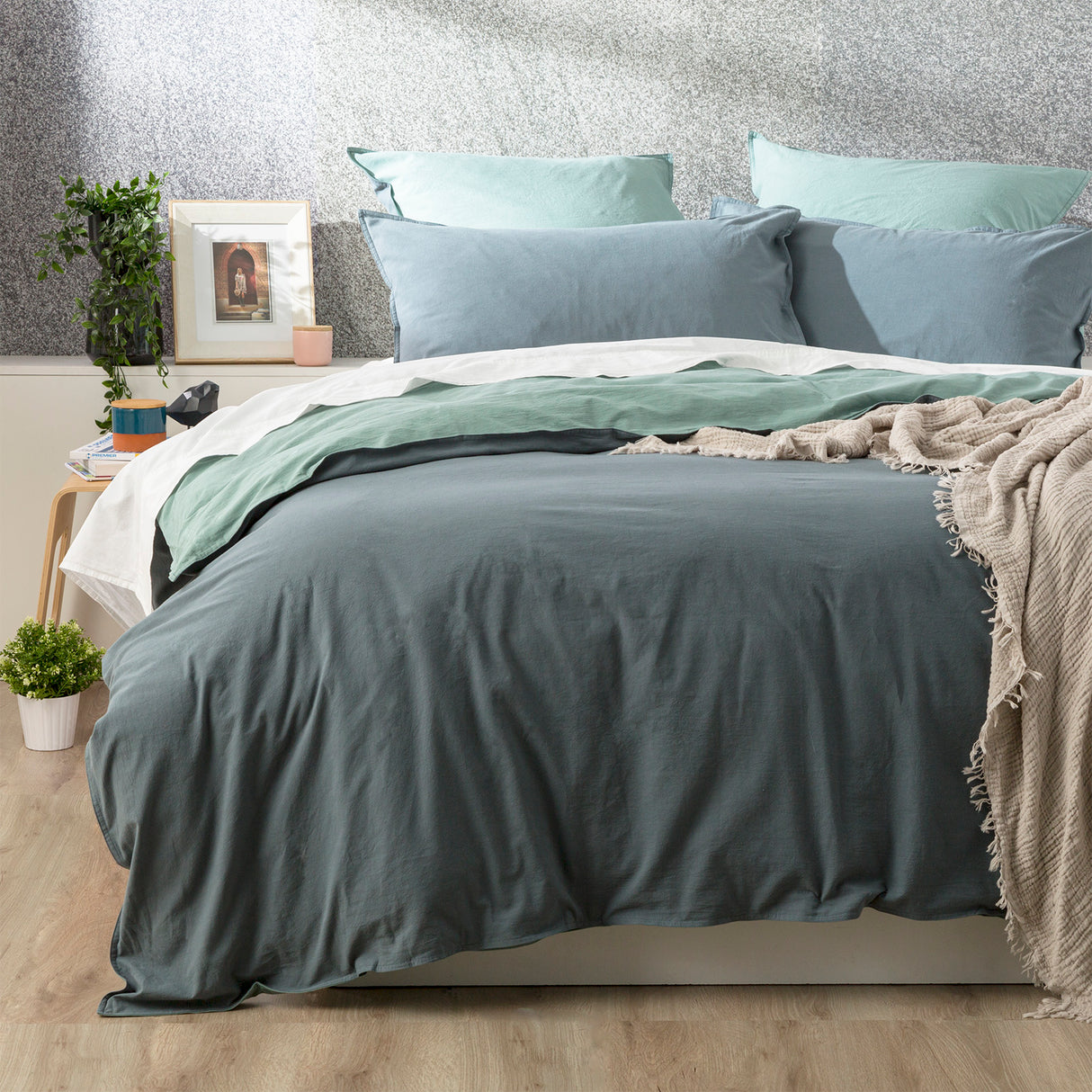 Essentials Vintage stone washed reversible Quilt / Duvet cover set Queen Mineral