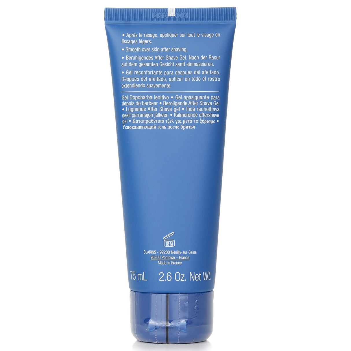 Clarins Men After Shave Soothing Gel in a 75ml tube, designed to soothe and hydrate skin post-shave, reducing irritation.