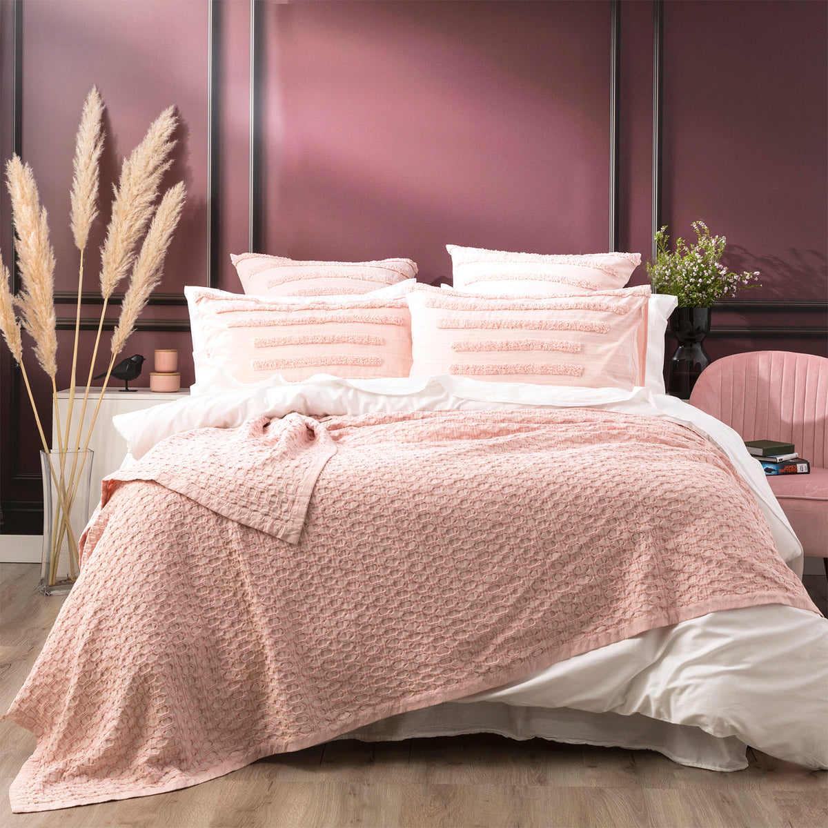 Renee Taylor Lexico Cotton Waffle Blankets Queen/King Rose