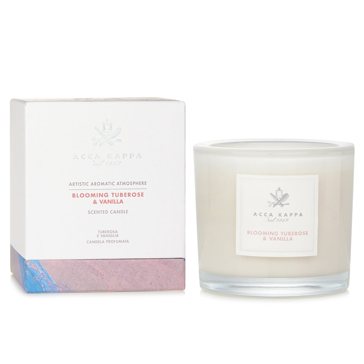 Luxurious scented candle featuring blooming tuberose and vanilla, ideal for creating a serene and cozy atmosphere.