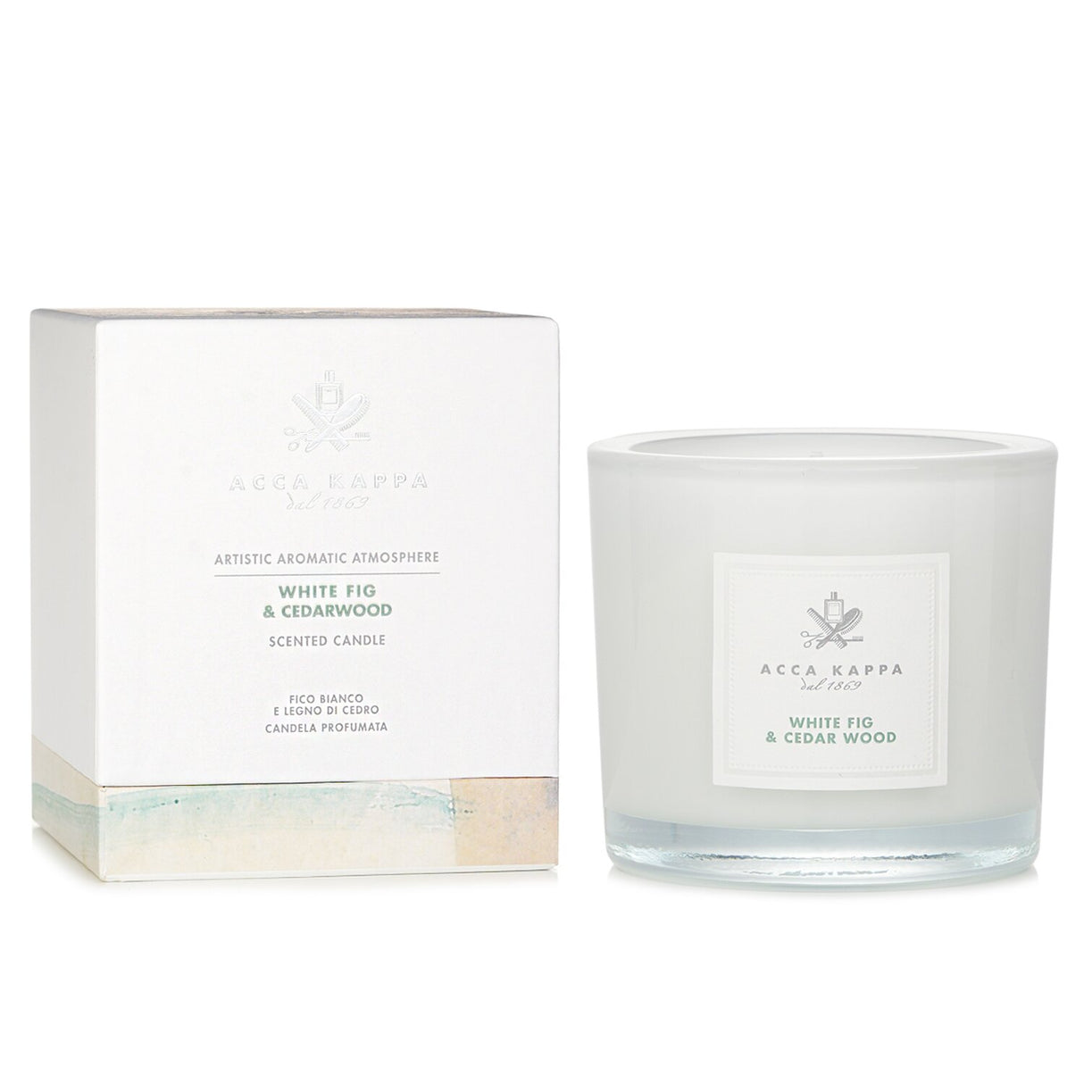 Acca Kappa White Fig & Cedarwood scented candle in a 180g jar, offering a luxurious fragrance for a calming ambiance.