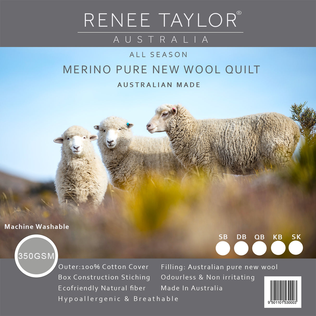 Renee Taylor Australian Pure Merino Wool Quilt / Duvet 350 GSM Double Bed