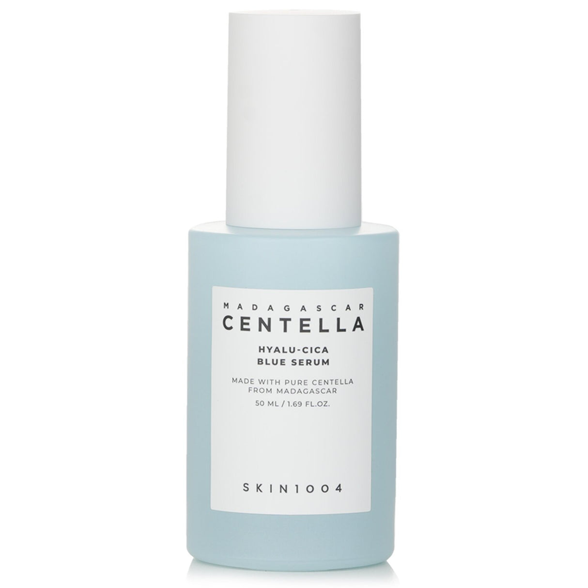 Skin1004 Madagascar Centella Hyalu-Cica Blue Serum in a 50ml bottle, designed to hydrate, soothe, and brighten all skin types.