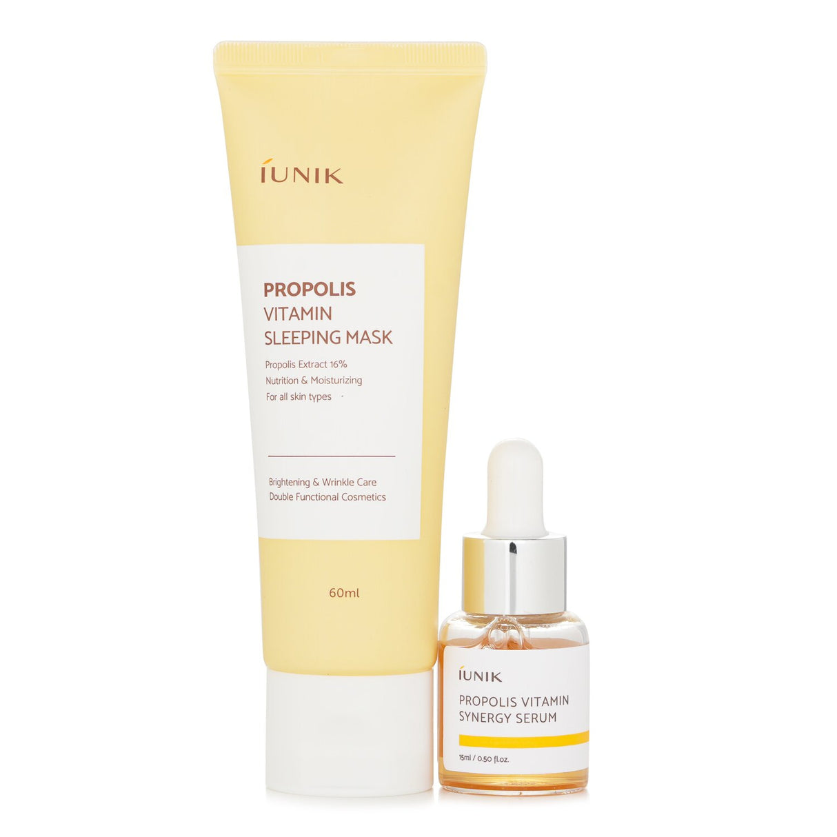 iUNIK Propolis Edition Skin Care Set featuring a 60ml sleeping mask and 15ml synergy serum for radiant, hydrated skin.