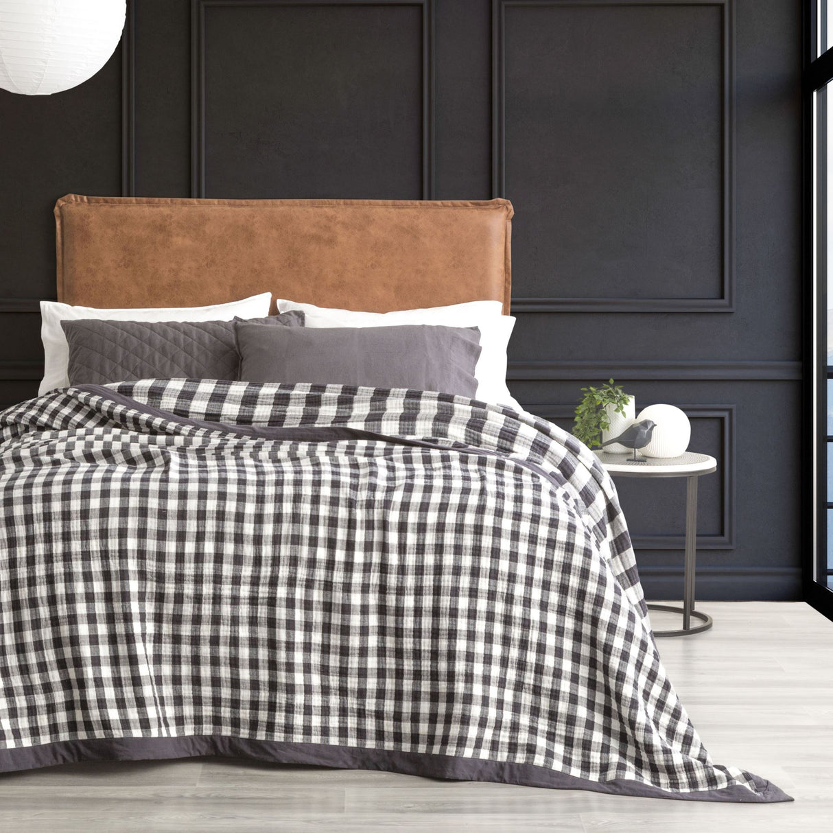 Gingham Washed Cotton Yarn Dyed Revesible Textured Blanket Single/Double Ash