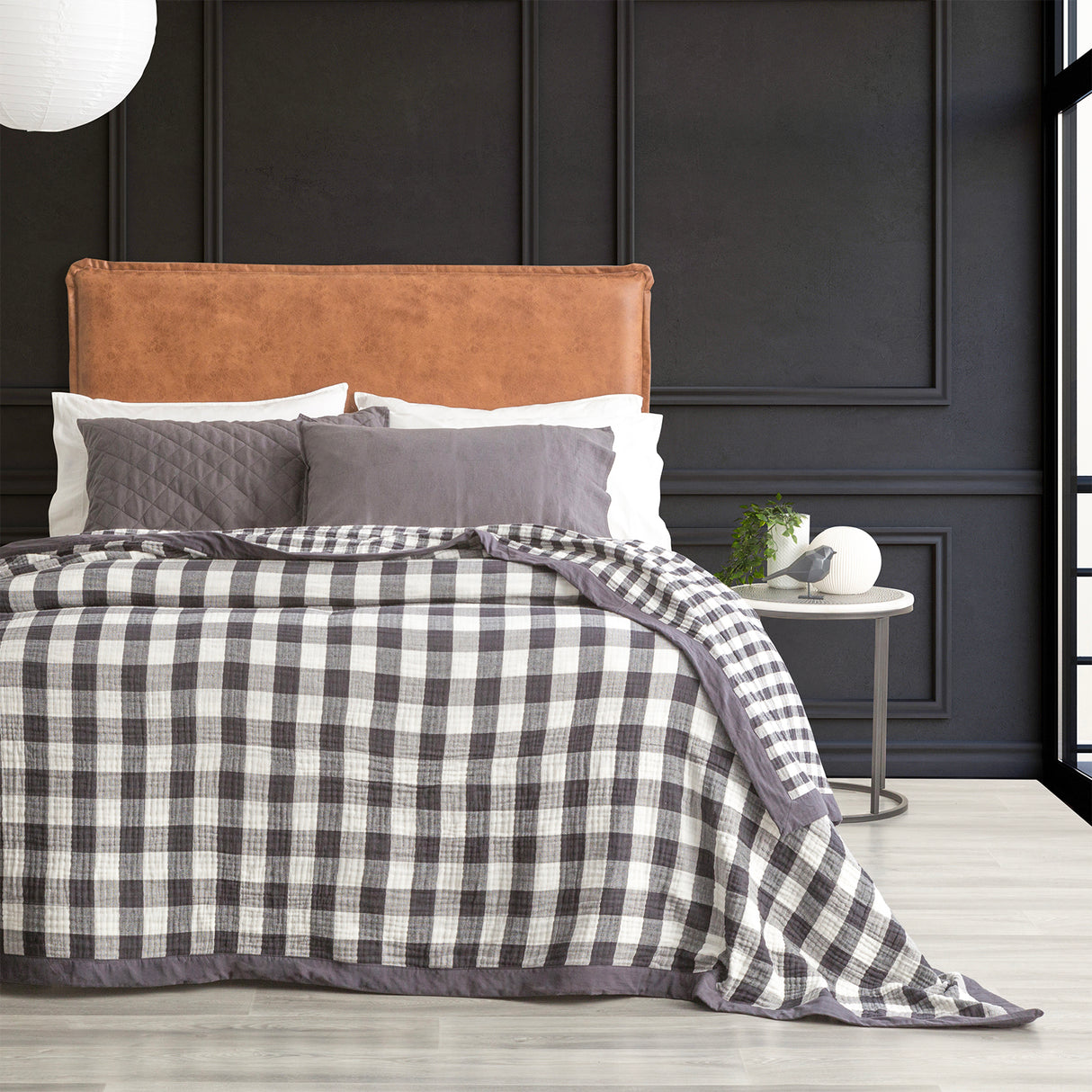 Gingham Washed Cotton Yarn Dyed Revesible Textured Blanket Single/Double Ash