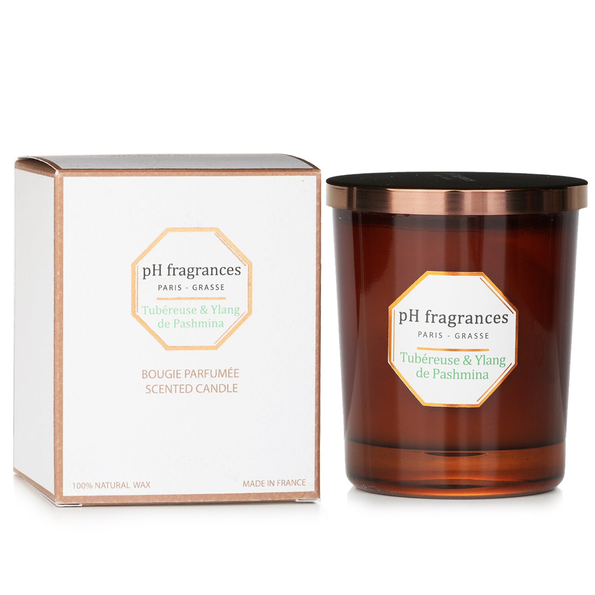 Luxurious scented candle featuring tuberose and ylang-ylang for a soothing ambiance, ideal for home relaxation.