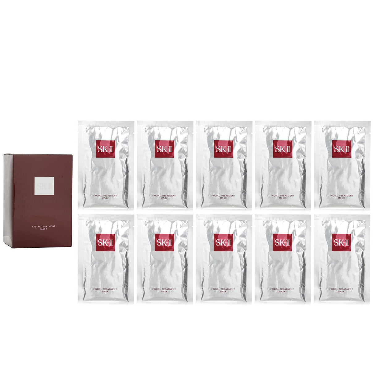 Travel-exclusive SK II Facial Treatment Mask with 10 sheets, infused with Pitera for hydration and skin rejuvenation.