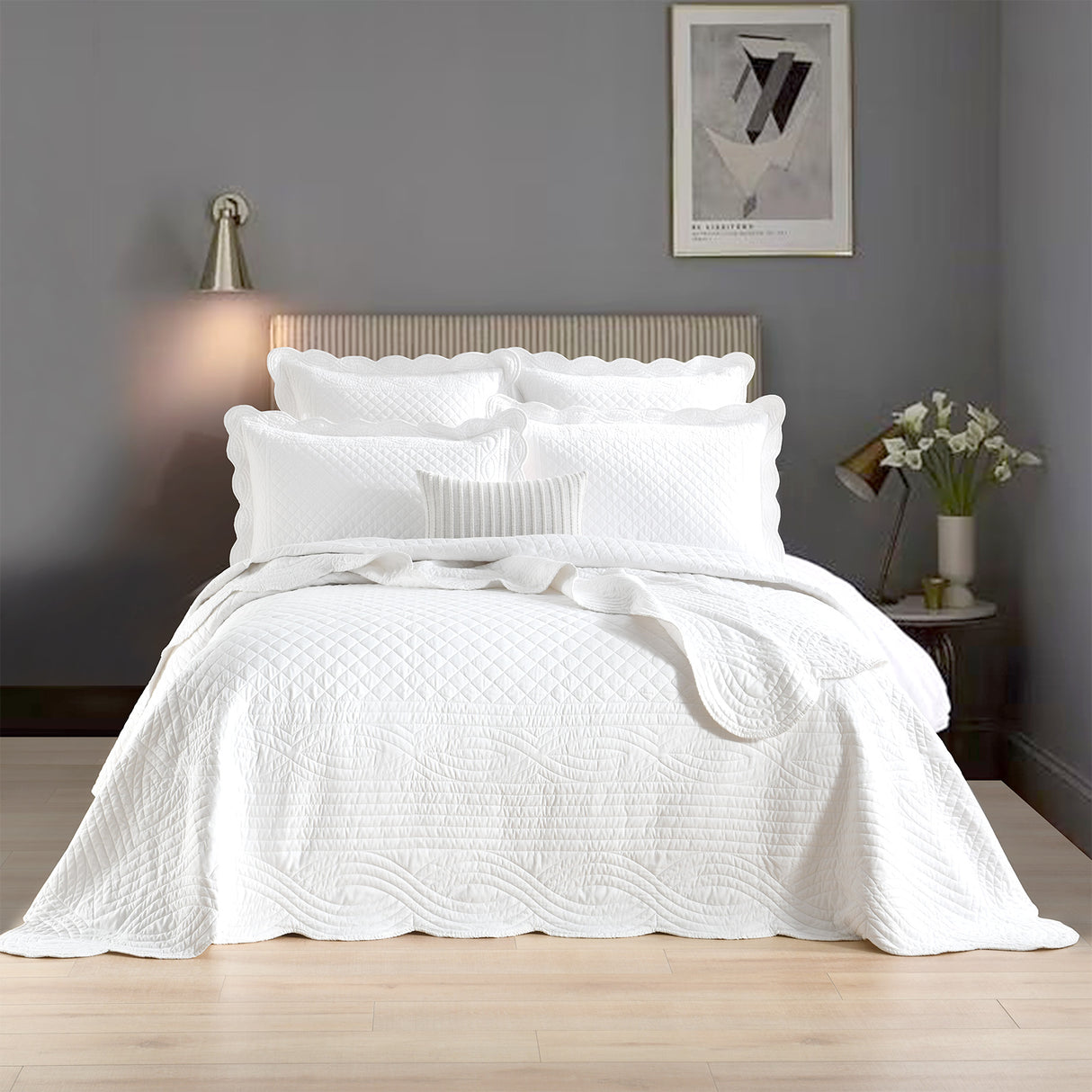 Renee Taylor Scallop Jacquard Coverlet Set Super King Pearl