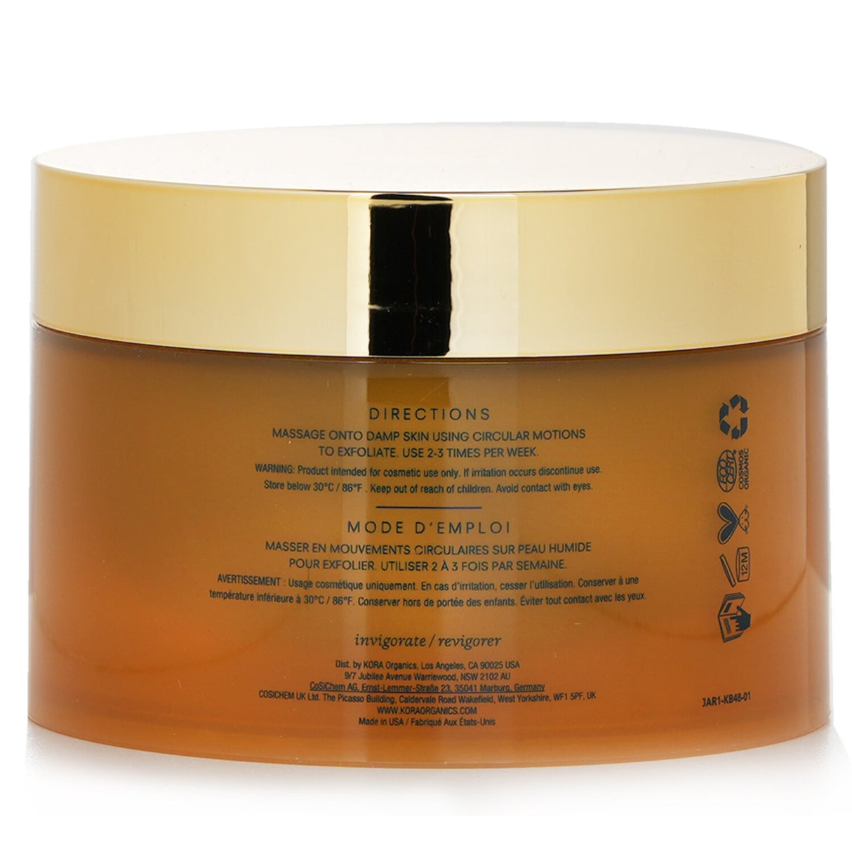 Kora Organics Invigorating Body Scrub in a 175ml jar, featuring turmeric and rosehip for gentle exfoliation and revitalization.