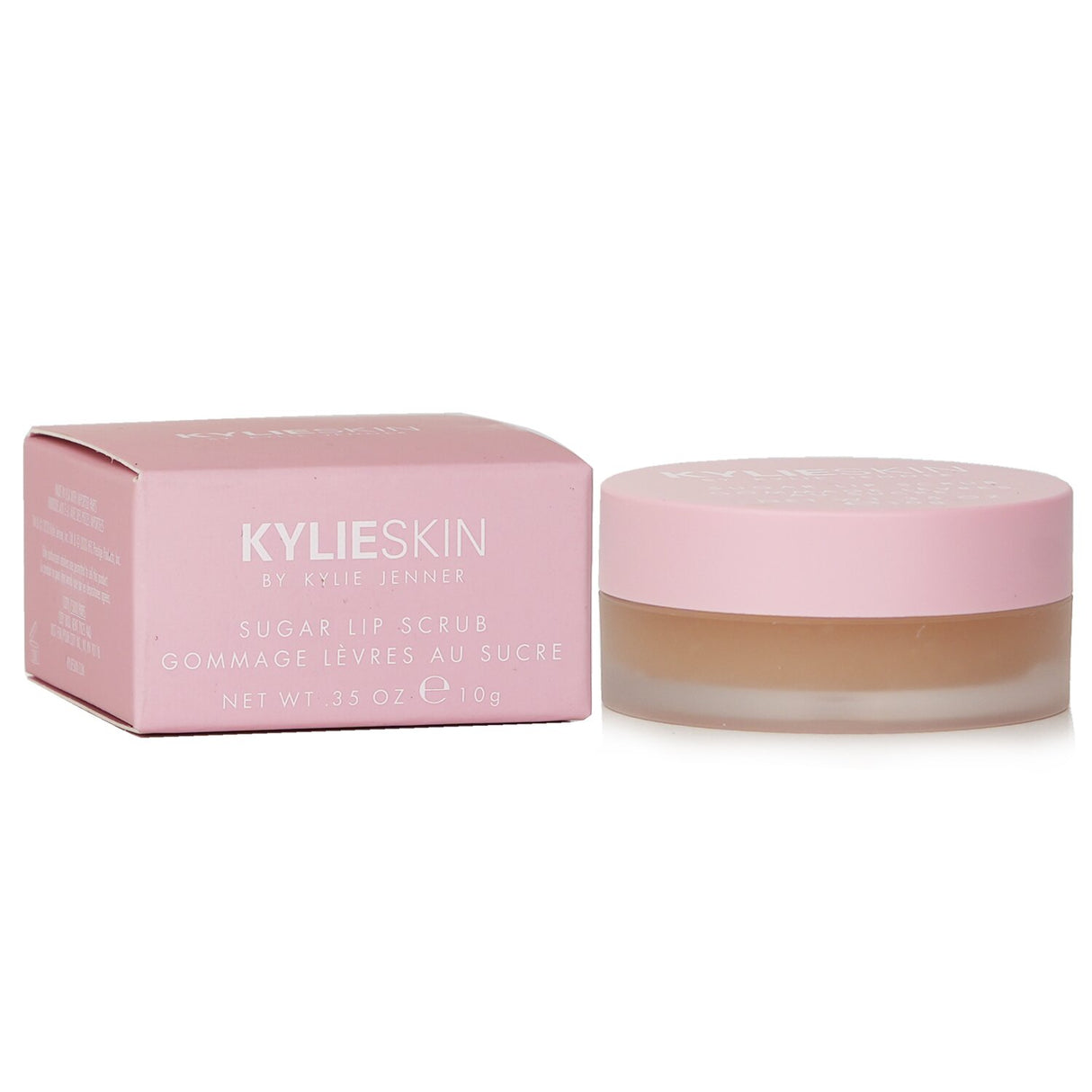 Kylie Skin Sugar Lip Scrub in 10g gently exfoliates lips with sugar, nourishes with oils, and has a warm vanilla flavor.