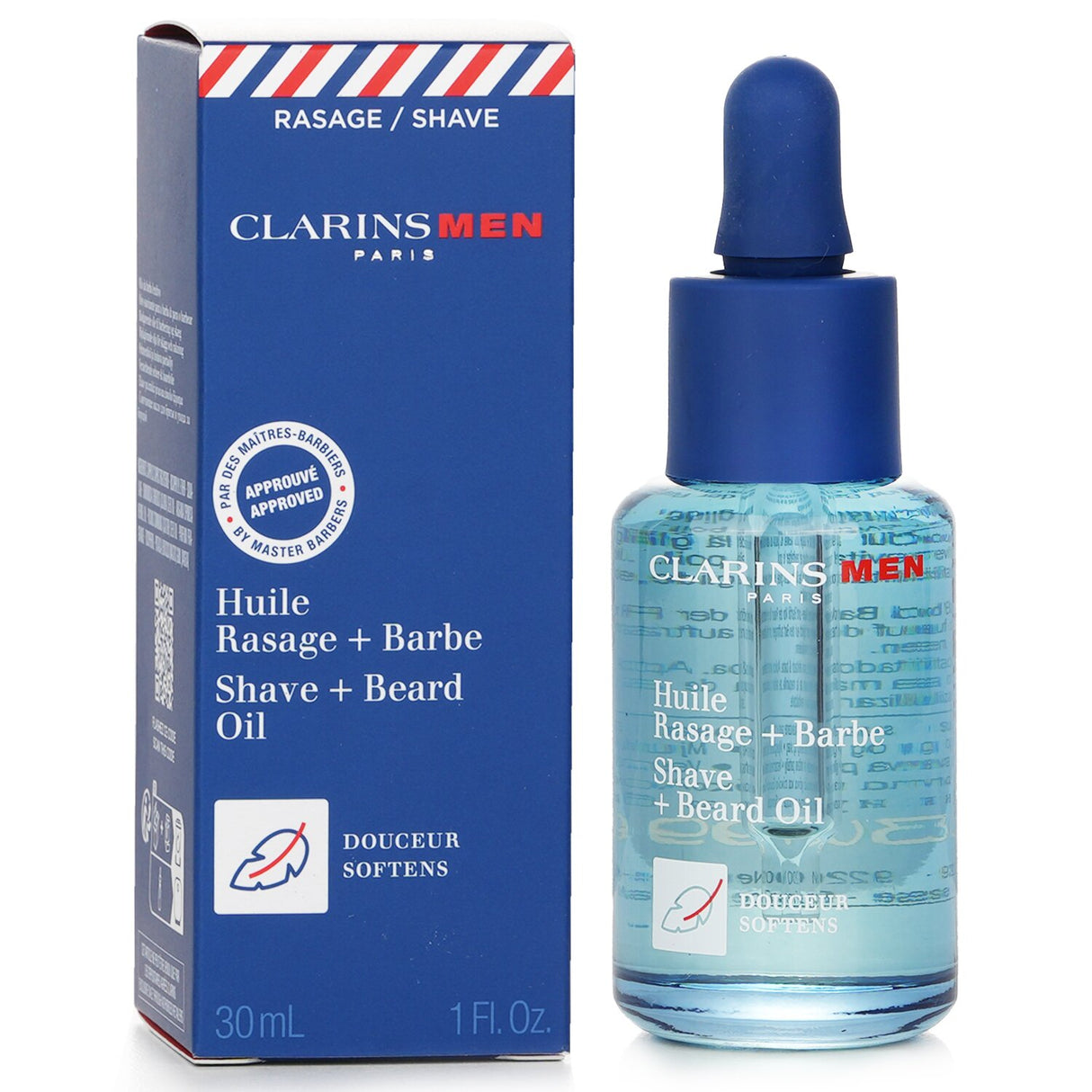 Clarins Men Shave + Beard Oil in a 30ml bottle, designed to soften beards and hydrate skin for a smooth grooming experience.