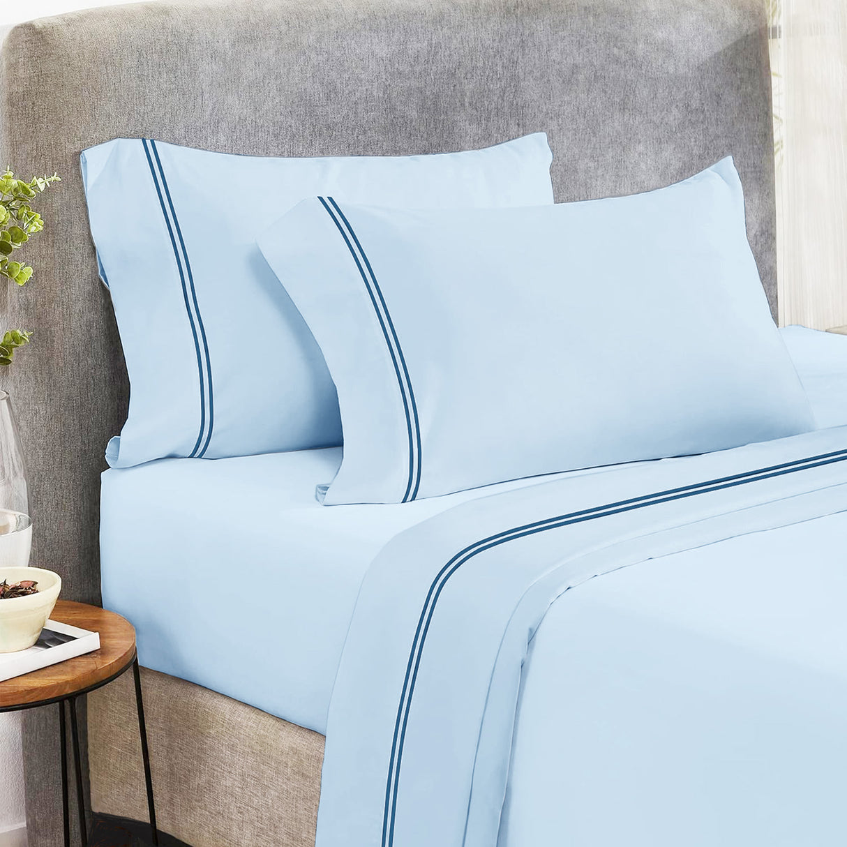 Strada Embroidered 1000 TC Egyptian Cotton Sheet Set Deep Queen Sky Navy